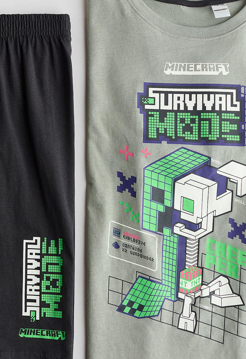 H&M - Printed cotton pyjamas - light khaki green/minecraft