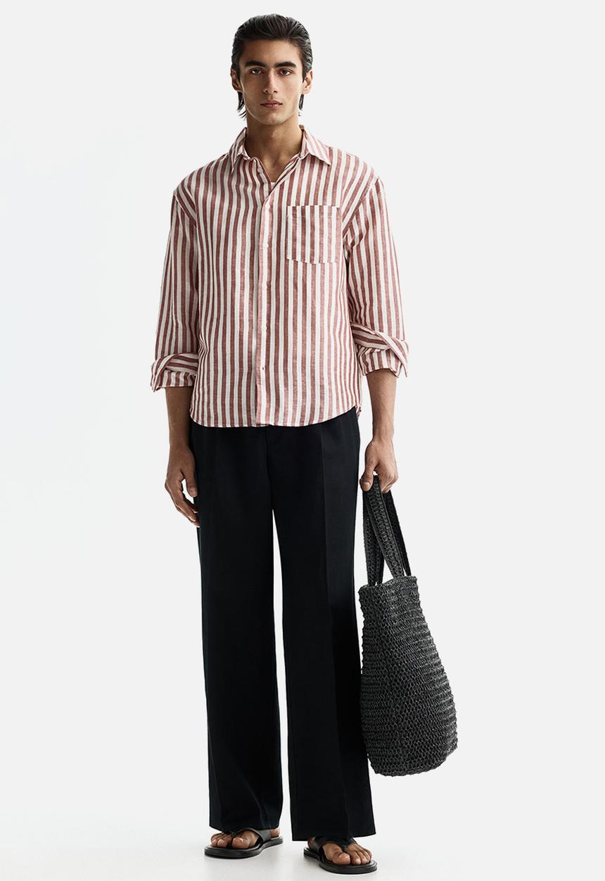 H&M - Relaxed fit linen-blend shirt - rust red/striped