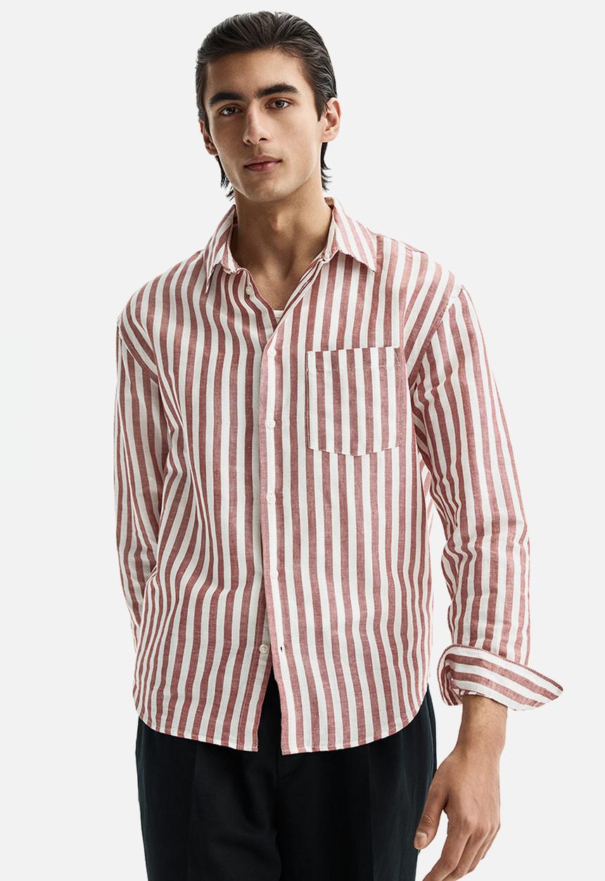 H&M - Relaxed fit linen-blend shirt - rust red/striped