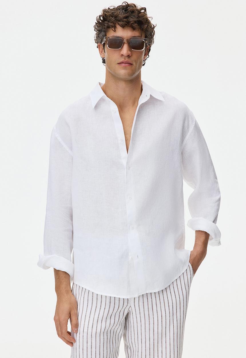 H&M - Relaxed fit linen-blend trousers - white/striped