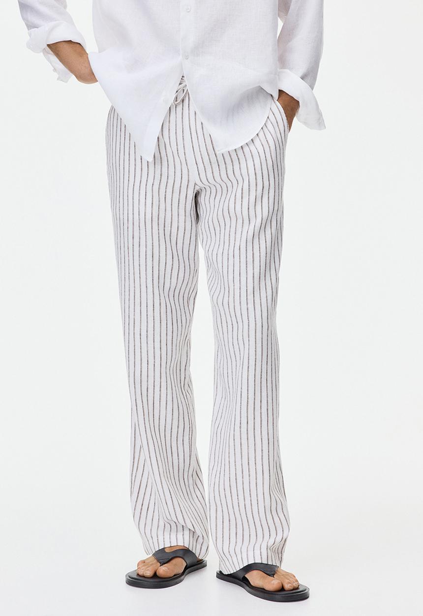 H&M - Relaxed fit linen-blend trousers - white/striped