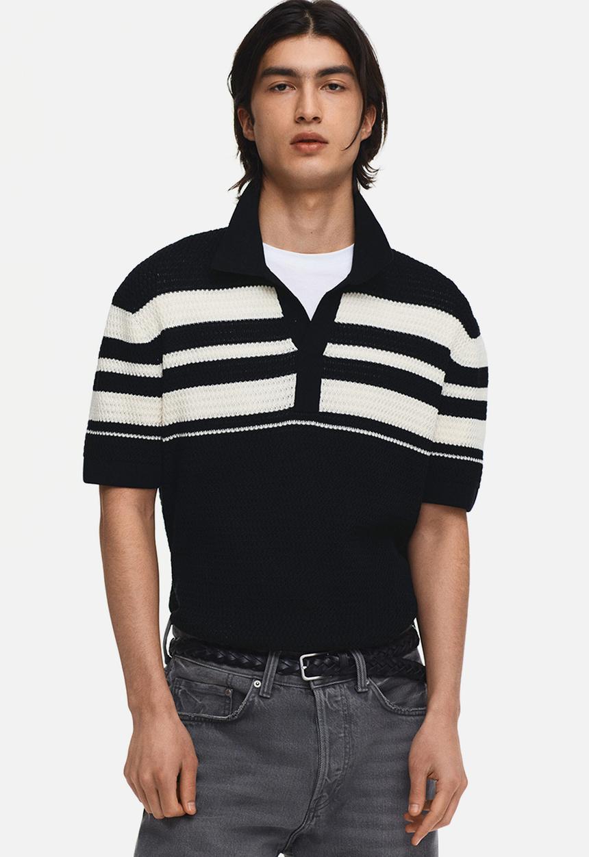 H&M - Regular fit pointelle-knit polo shirt - black/colour block