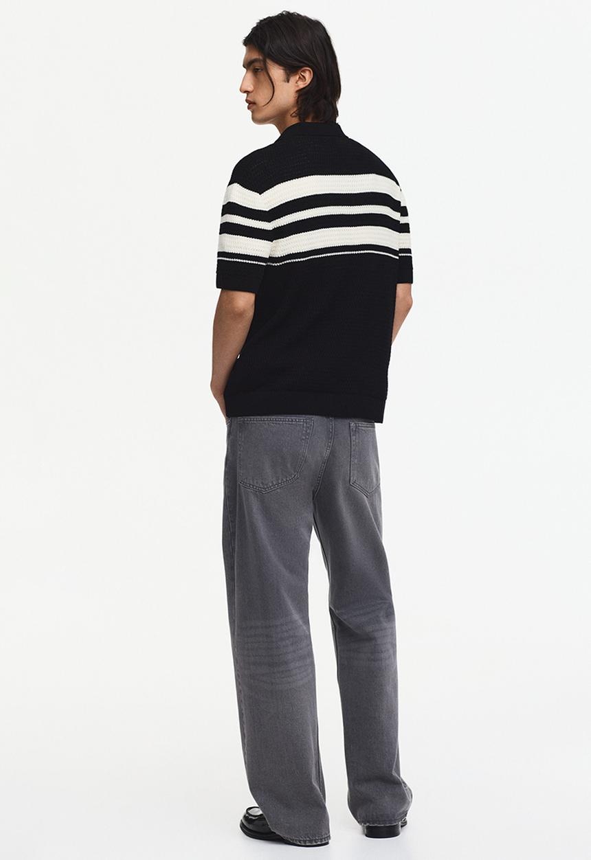 H&M - Regular fit pointelle-knit polo shirt - black/colour block