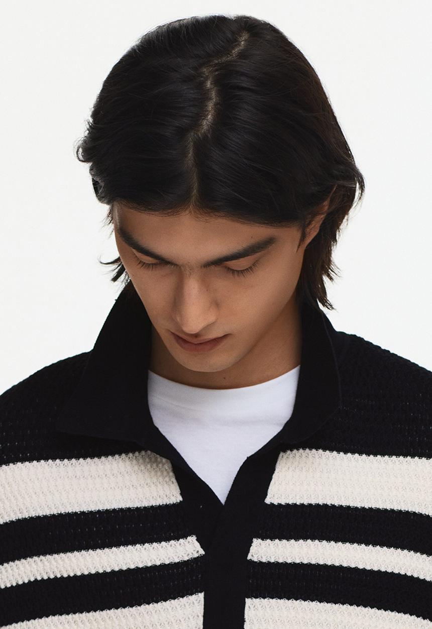 H&M - Regular fit pointelle-knit polo shirt - black/colour block