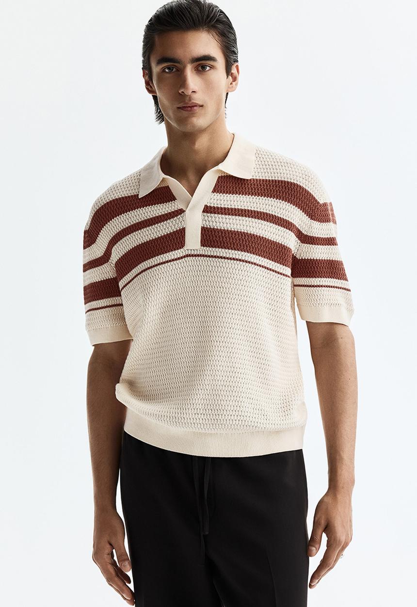H&M - Regular fit pointelle-knit polo shirt - cream/colour block
