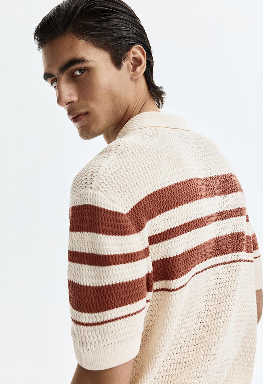 H&M - Regular fit pointelle-knit polo shirt - cream/colour block