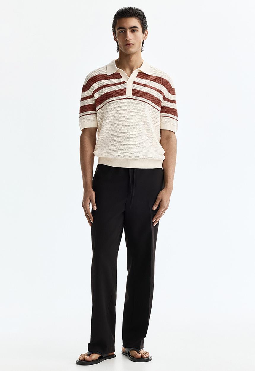 H&M - Regular fit pointelle-knit polo shirt - cream/colour block