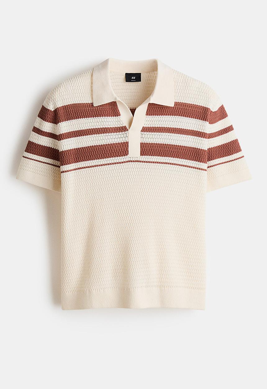 H&M - Regular fit pointelle-knit polo shirt - cream/colour block