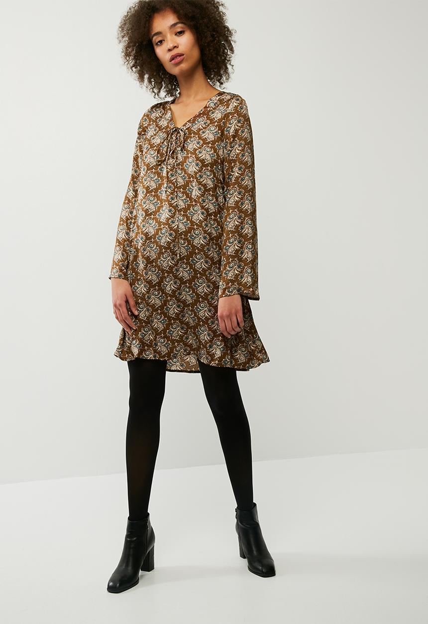 Glamorous - Tie Front Teal Print Dress