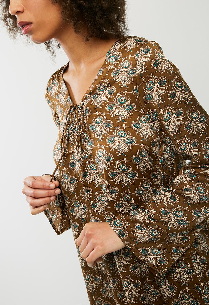 Glamorous - Tie Front Teal Print Dress