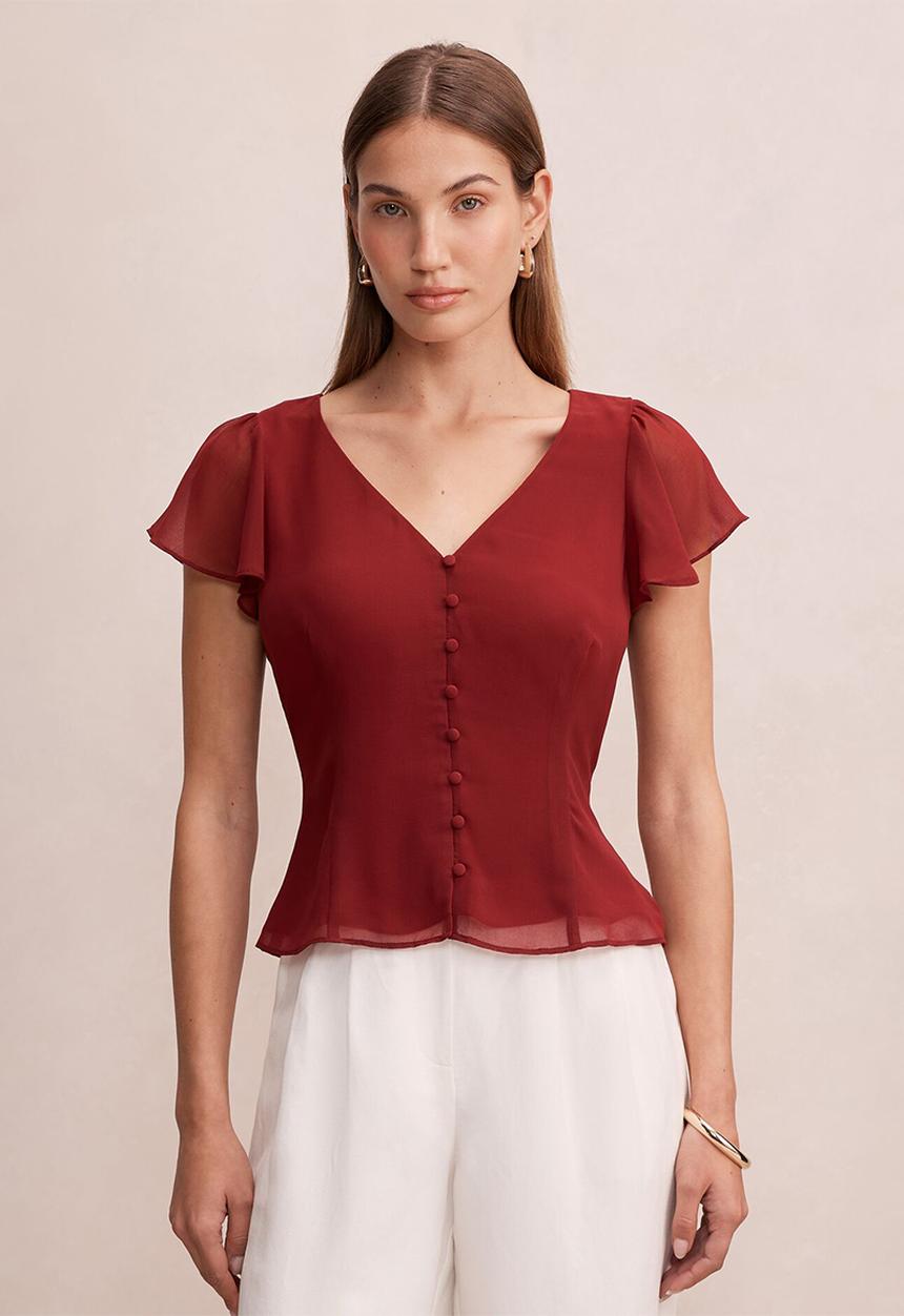 Forever New - Pippa flutter sleeve blouse in pomegranate red