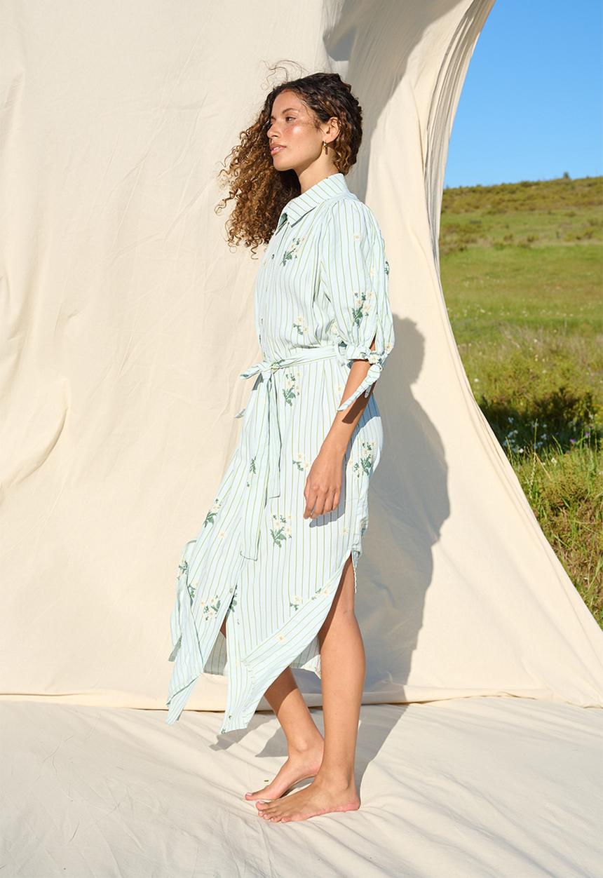 Me&B - Crosshatch Embroidered Puffed Sleeve Shirt Dress - Whitemulti