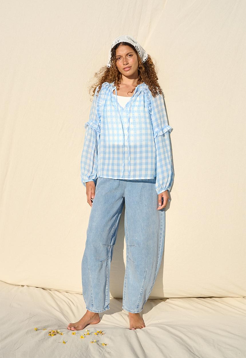 Me&B - Frill Neck Check Shirt - Ice Blue