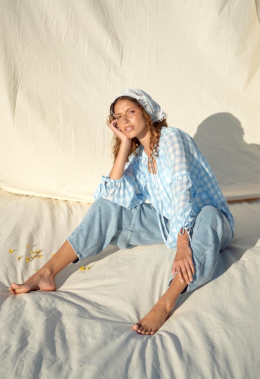 Me&B - Frill Neck Check Shirt - Ice Blue