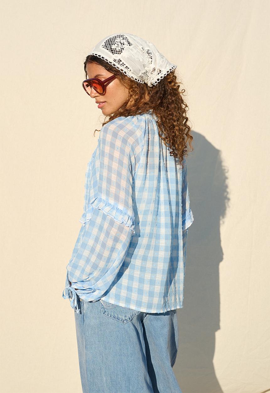 Me&B - Frill Neck Check Shirt - Ice Blue
