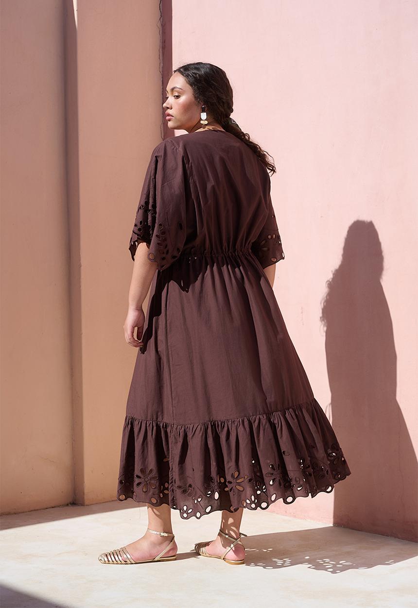 Me&B - Kimono Sleeve Tiered Anglaise Dress - Choc