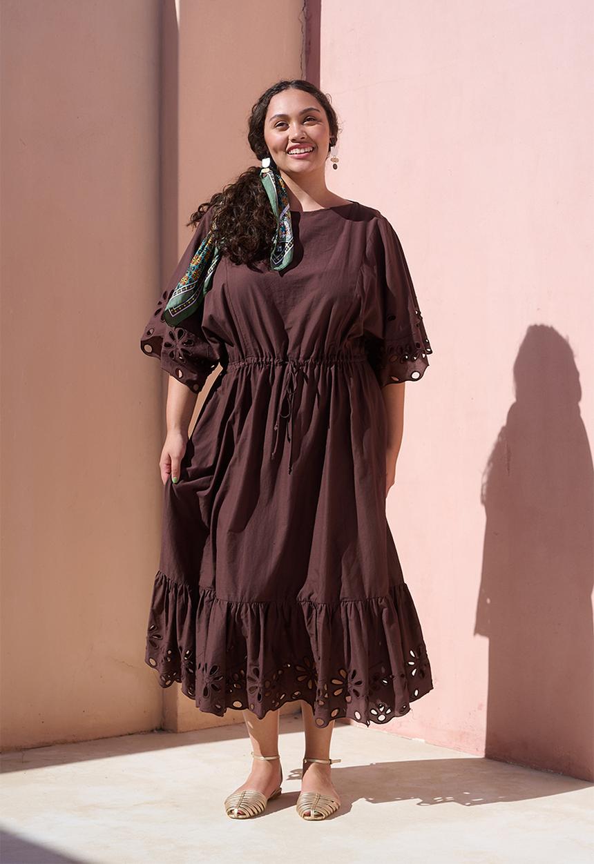 Me&B - Kimono Sleeve Tiered Anglaise Dress - Choc