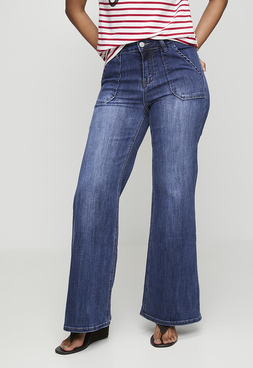 Stella Morgan - High Waist Easy Wearing Flare Leg Jean With Front Laid On Pockets - Dark Blue