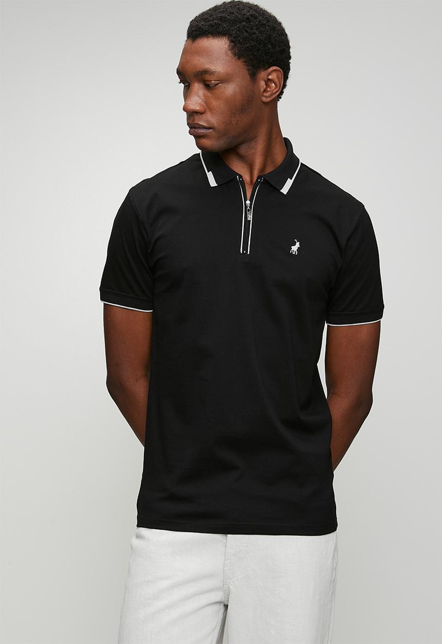POLO - Mens plain dm tipped zip short sleeve golfer - black