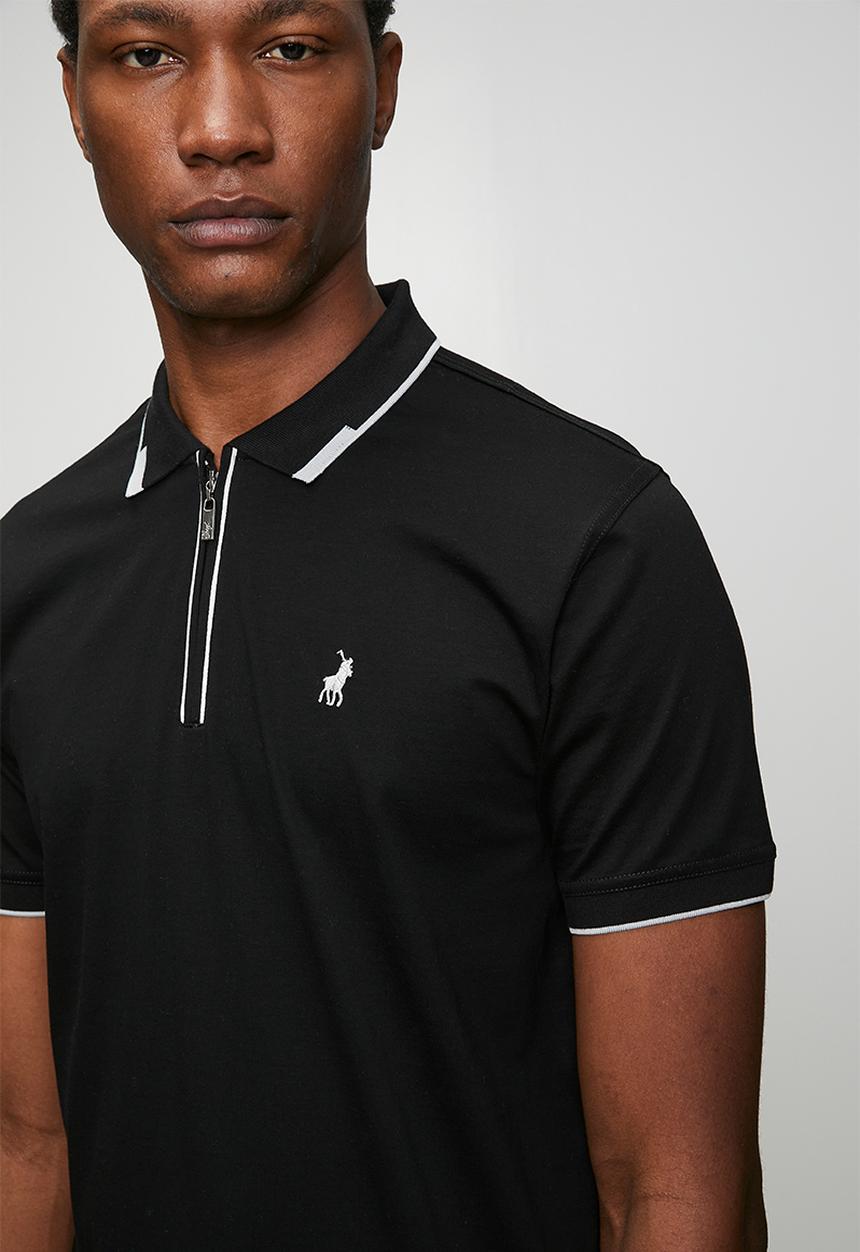 POLO - Mens plain dm tipped zip short sleeve golfer - black