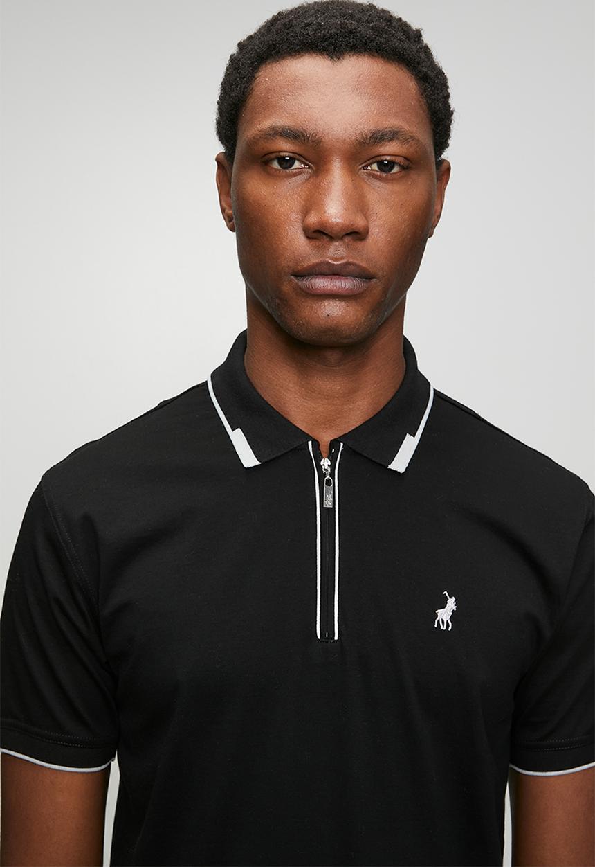 POLO - Mens plain dm tipped zip short sleeve golfer - black