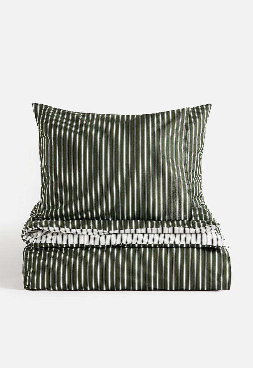 H&M - Striped cotton double/king duvet cover set - dark green/striped