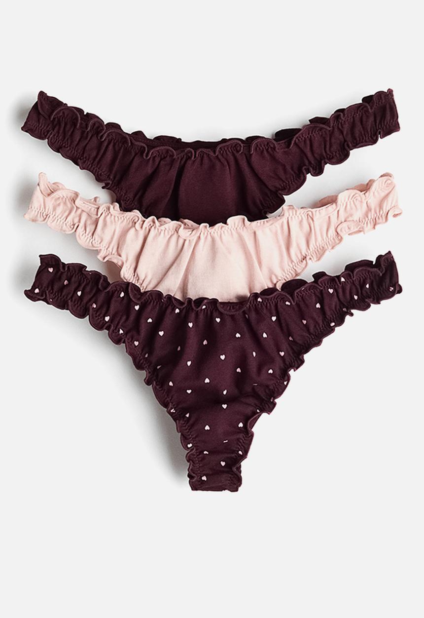 H&M - 3-Pack overlock-detail thong briefs - burgundy/hearts