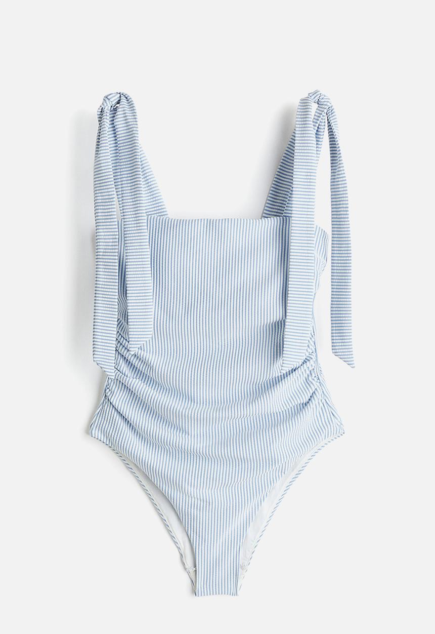 H&M - Padded-cup tie-strap swimsuit - light blue/striped