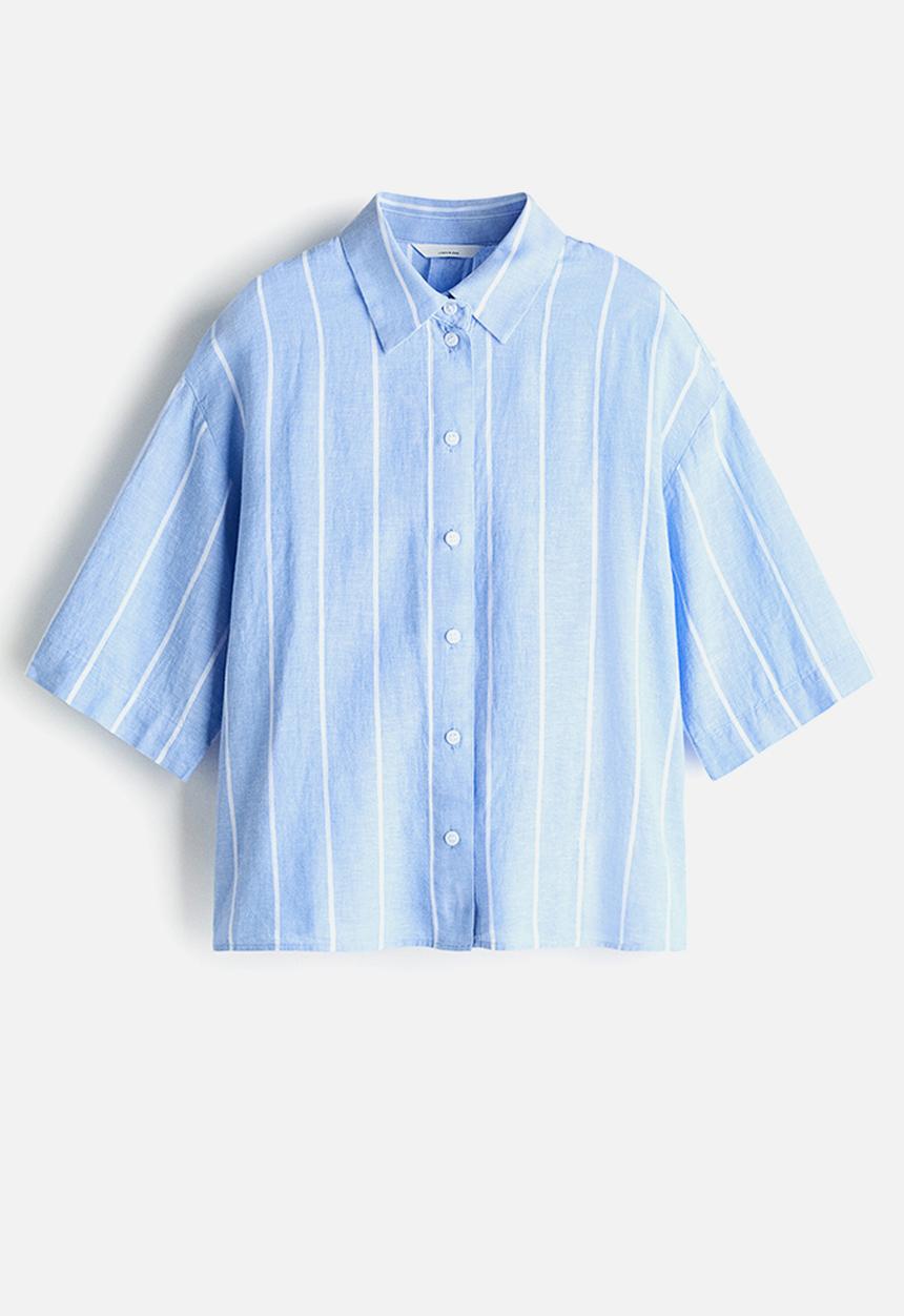 H&M - Oversized linen-blend shirt - light blue/striped