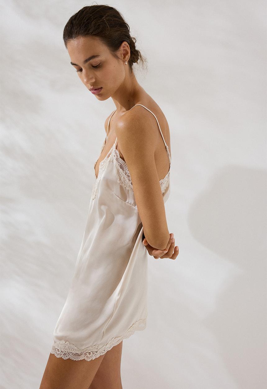 H&M - Lace-trimmed satin nightslip - light beige