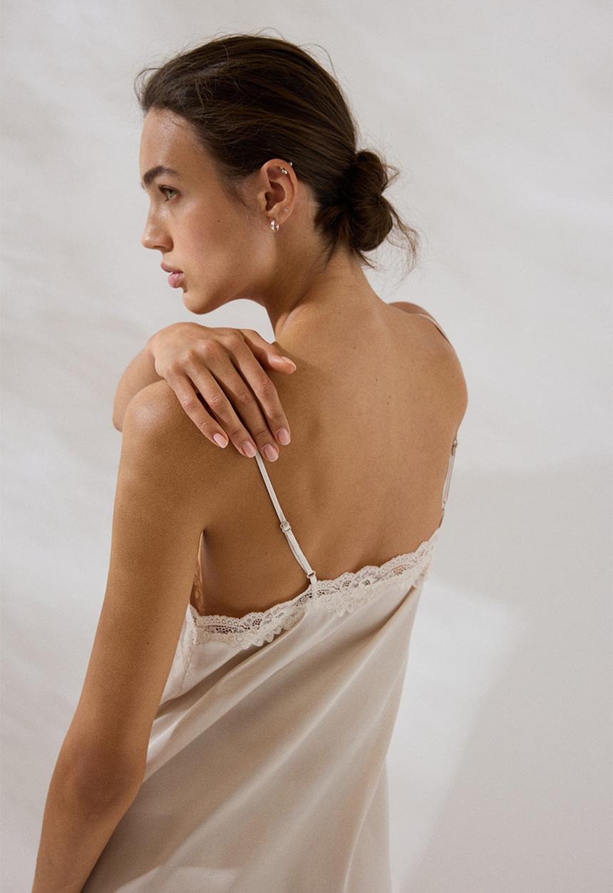 H&M - Lace-trimmed satin nightslip - light beige