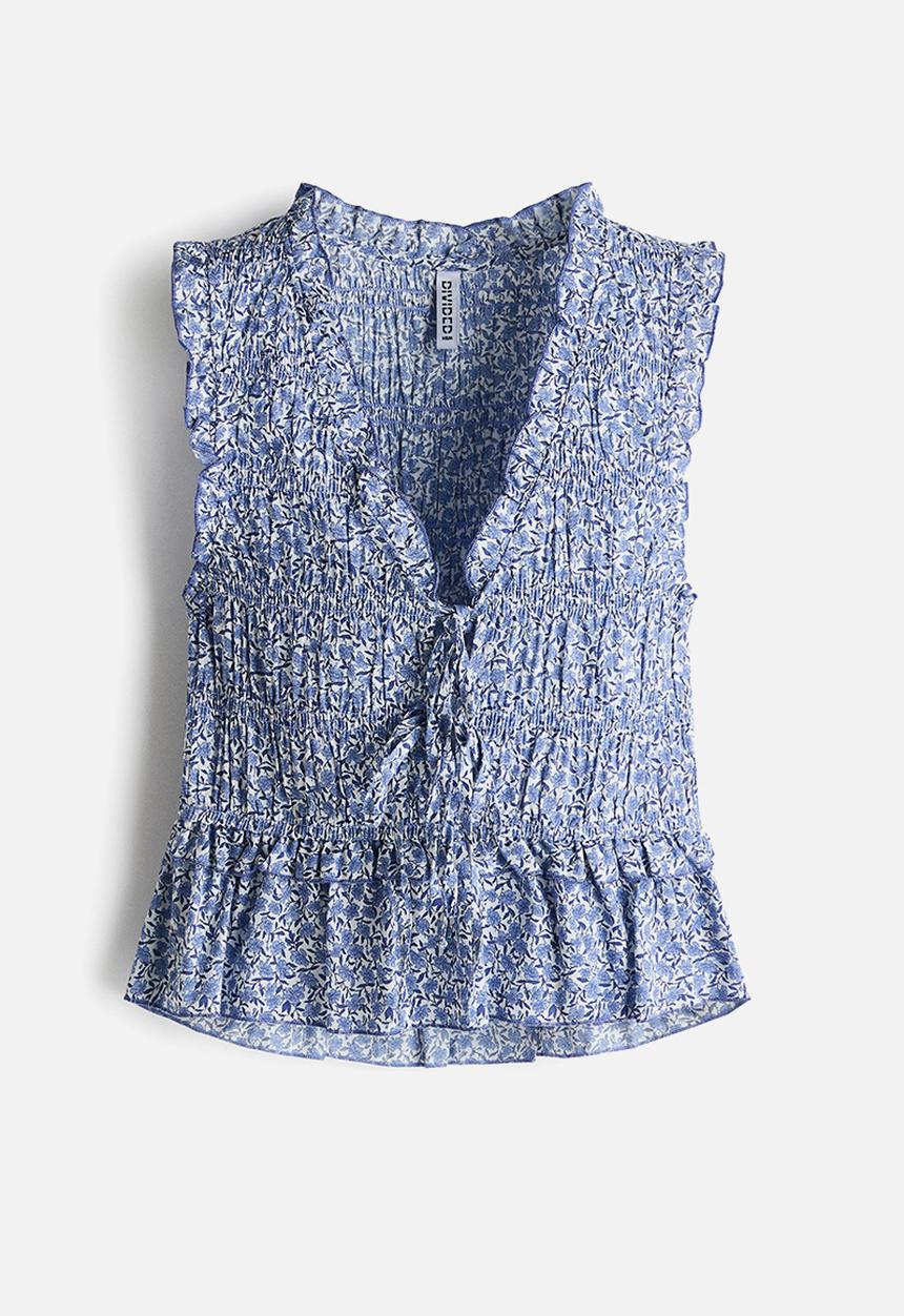 H&M - Tie-detail smocked top - blue/floral