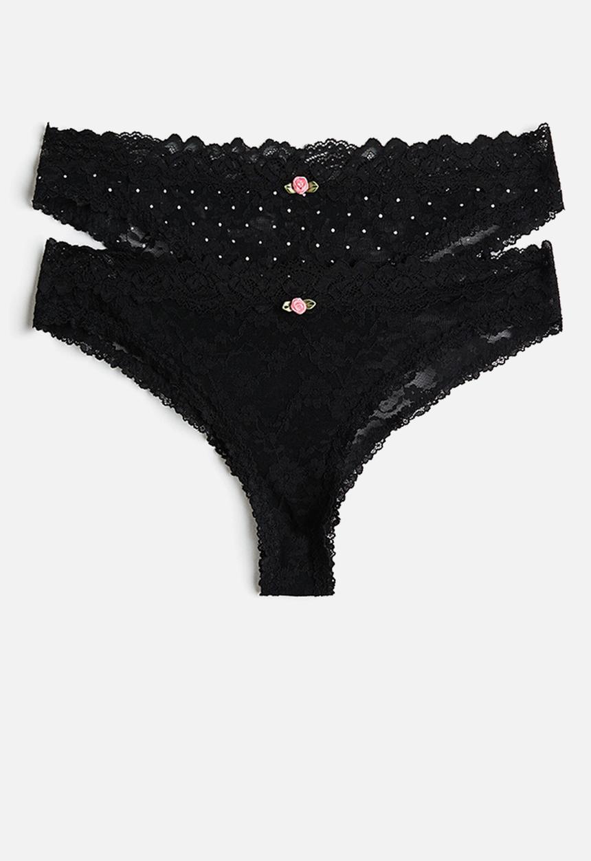 H&M - 2-pack lace brazilian briefs - black/polka dot