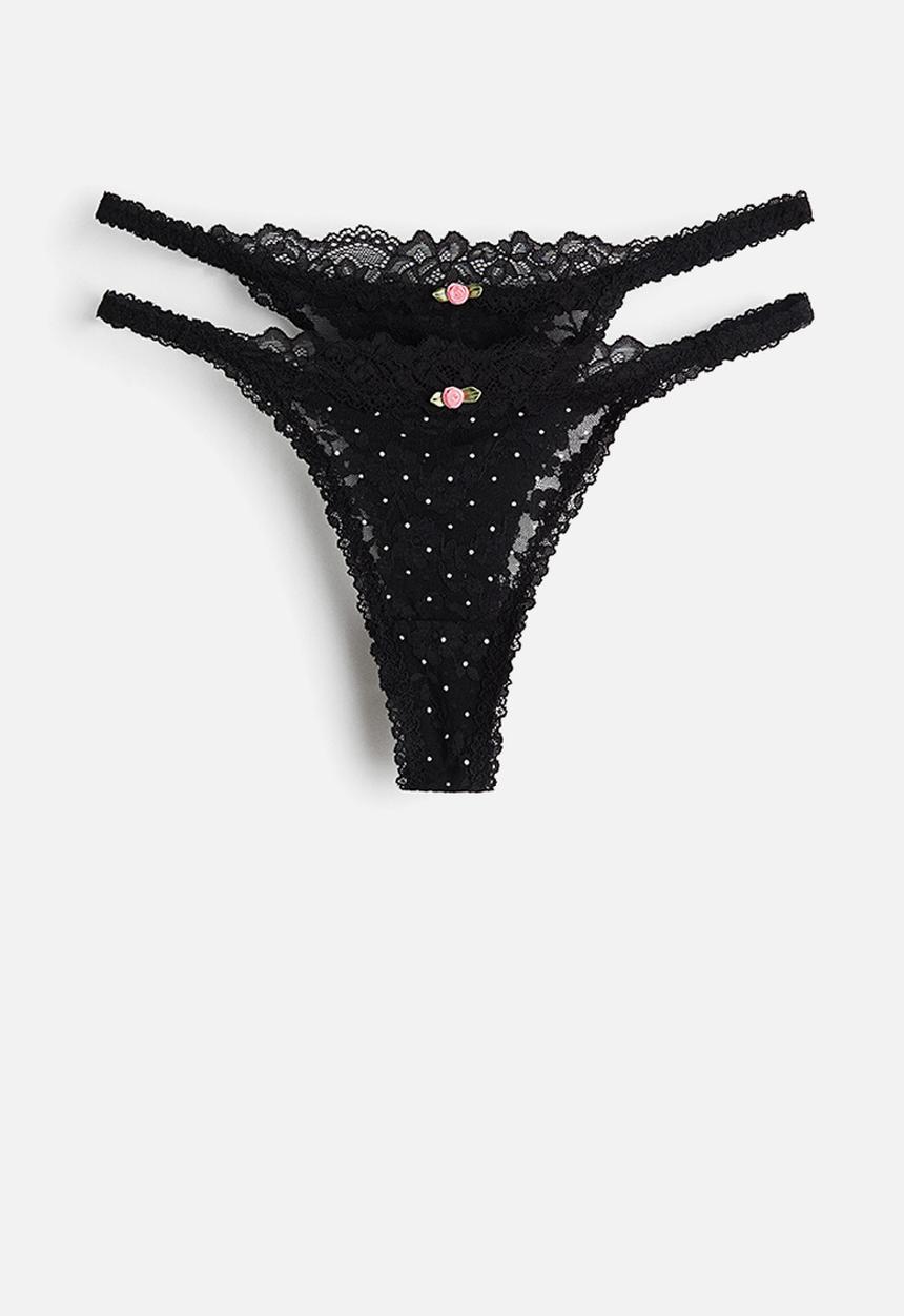 H&M - 2-pack lace tanga thong briefs - black/polka dot