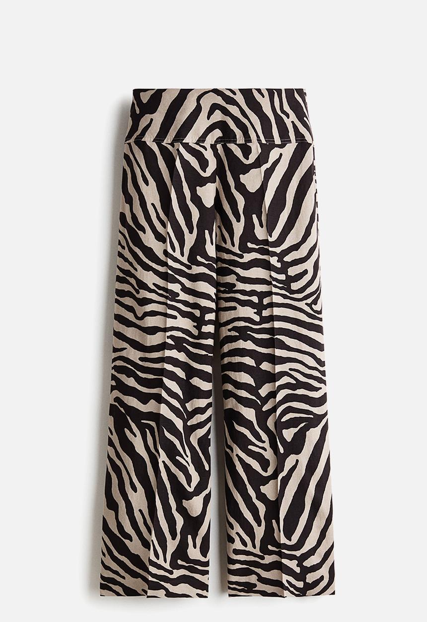 H&M - Flared linen-blend trousers - light beige/zebra print