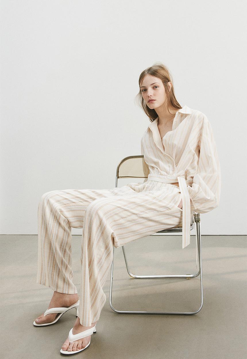 H&M - Wide linen-blend trousers - white/striped