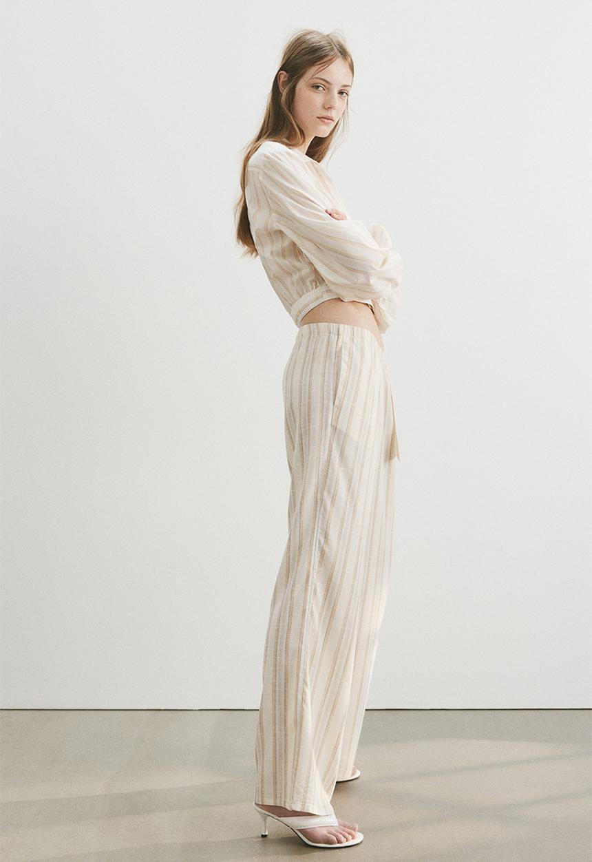 H&M - Wide linen-blend trousers - white/striped