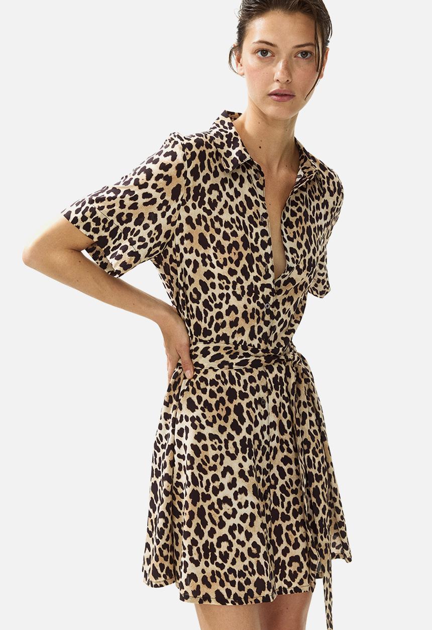 H&M - Tie-belt shirt dress - beige/leopard print