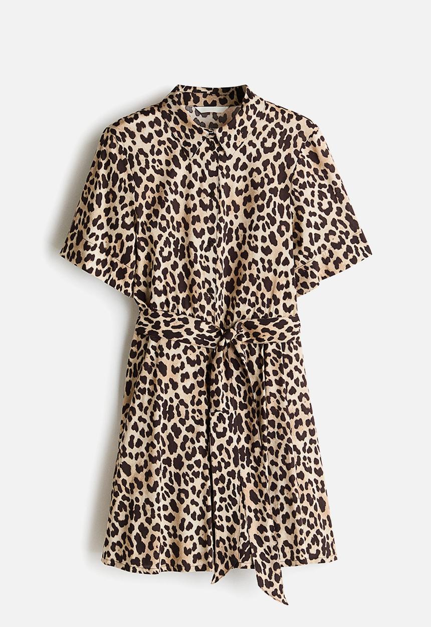H&M - Tie-belt shirt dress - beige/leopard print