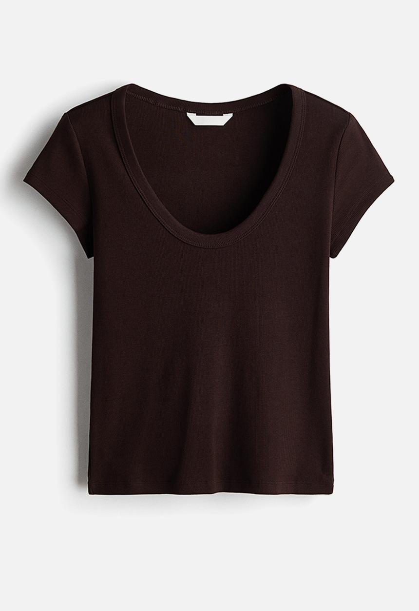 H&M - Ribbed scoop-neck T-shirt - dark brown