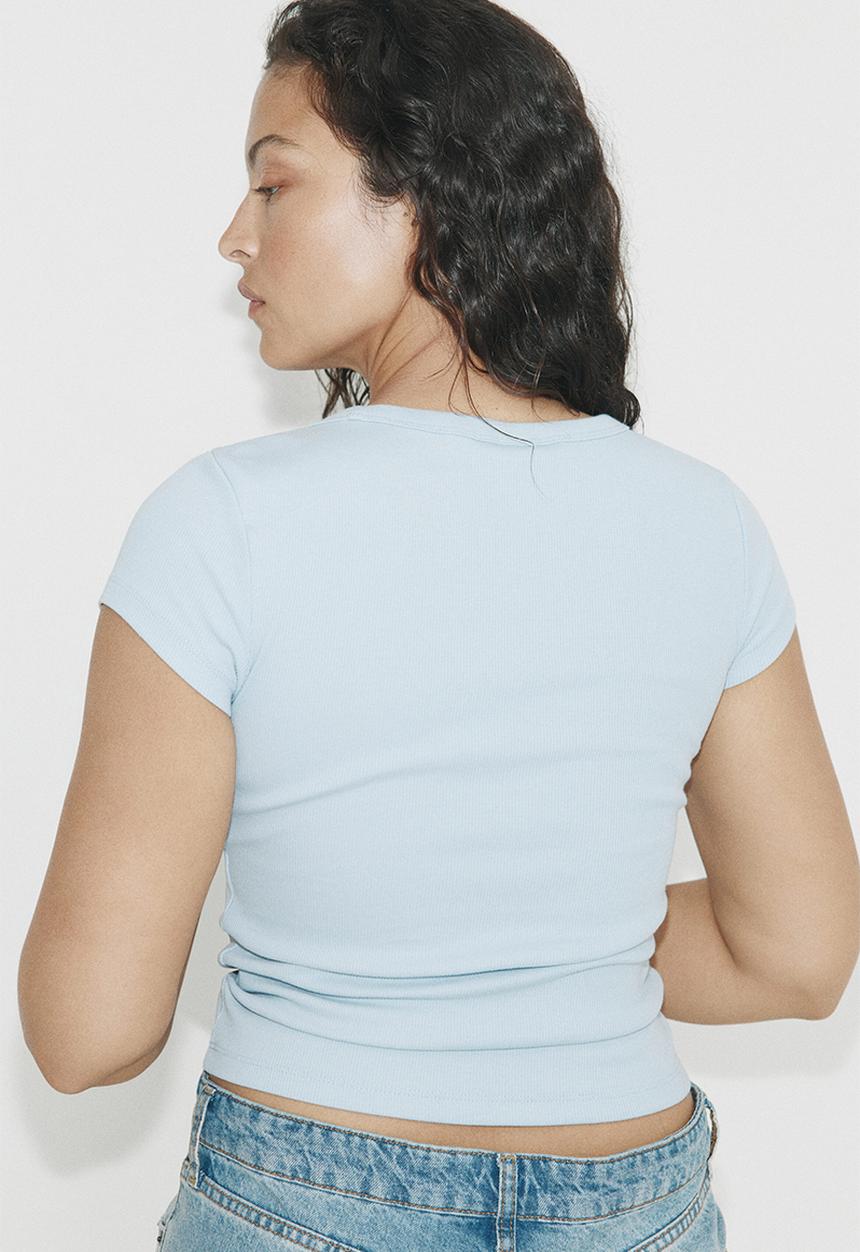 H&M - Ribbed scoop-neck T-shirt - light blue