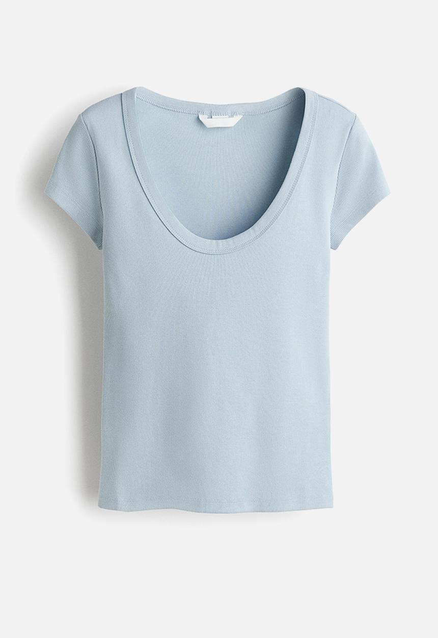 H&M - Ribbed scoop-neck T-shirt - light blue