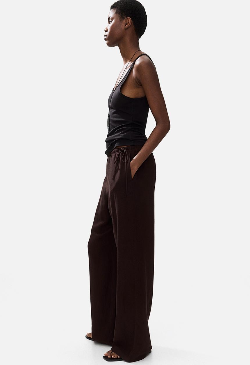 H&M - Linen-blend drawstring trousers - dark brown
