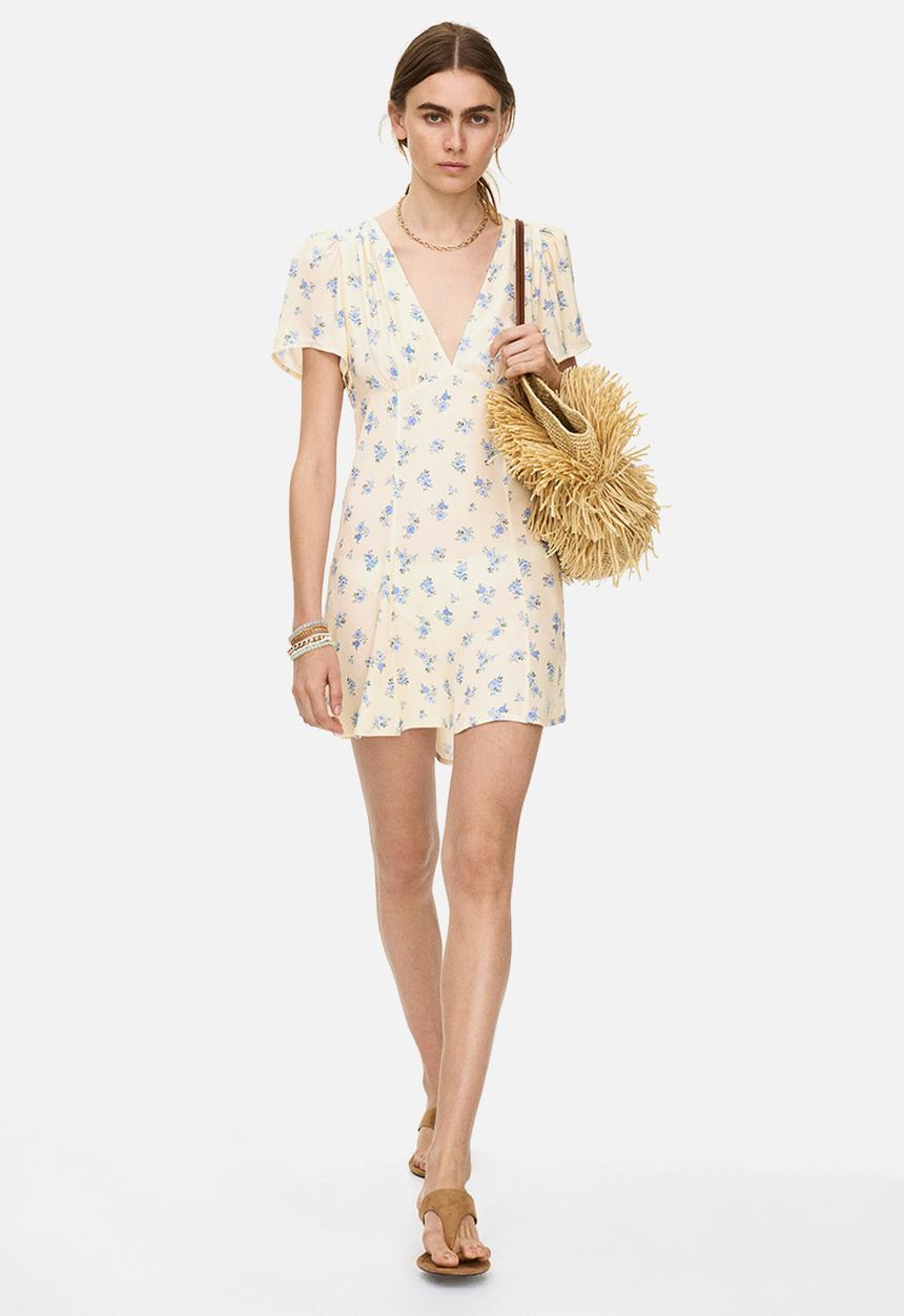 H&M - Flared-skirt viscose dress - light yellow/floral