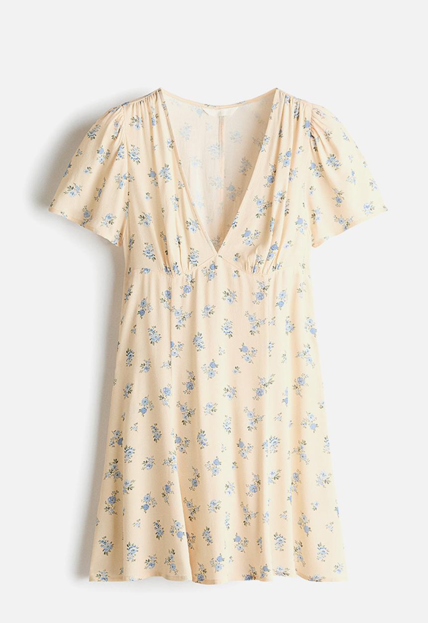 H&M - Flared-skirt viscose dress - light yellow/floral