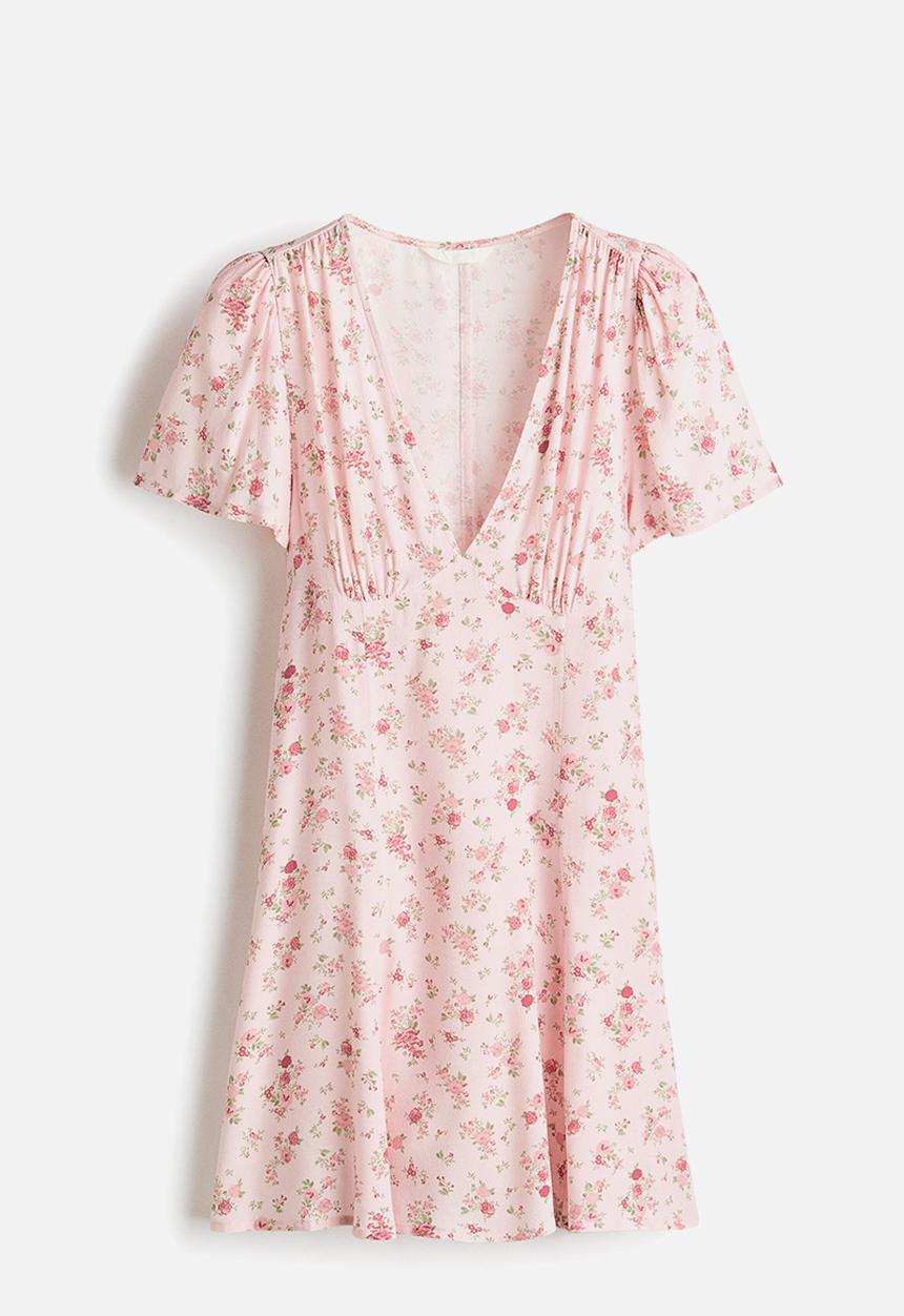 H&M - Flared-skirt viscose dress - light pink/floral