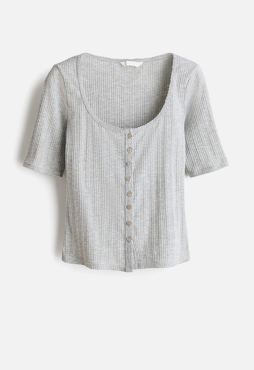H&M - Pointelle-knit top - light grey marl