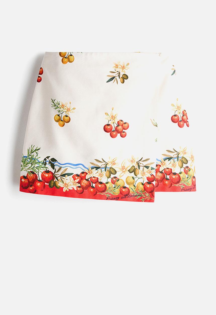 H&M - Cotton wrap skirt - cream/tomatoes