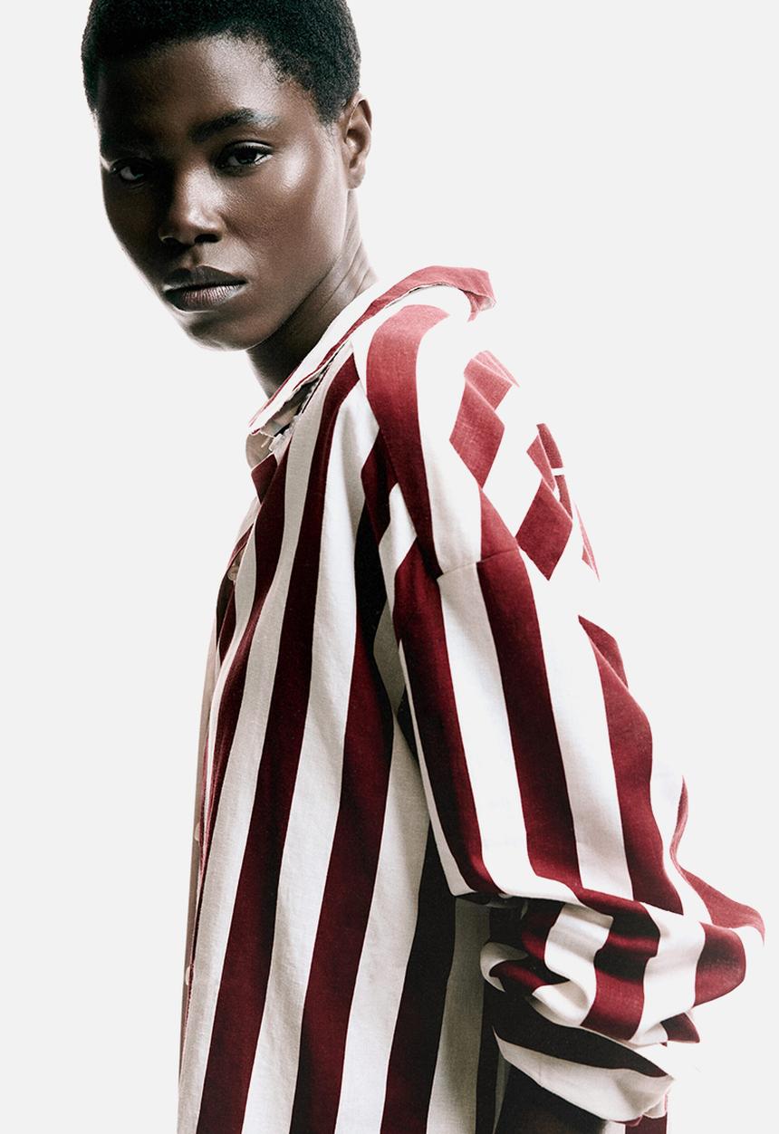 H&M - Oversized linen-blend shirt - dark red/striped