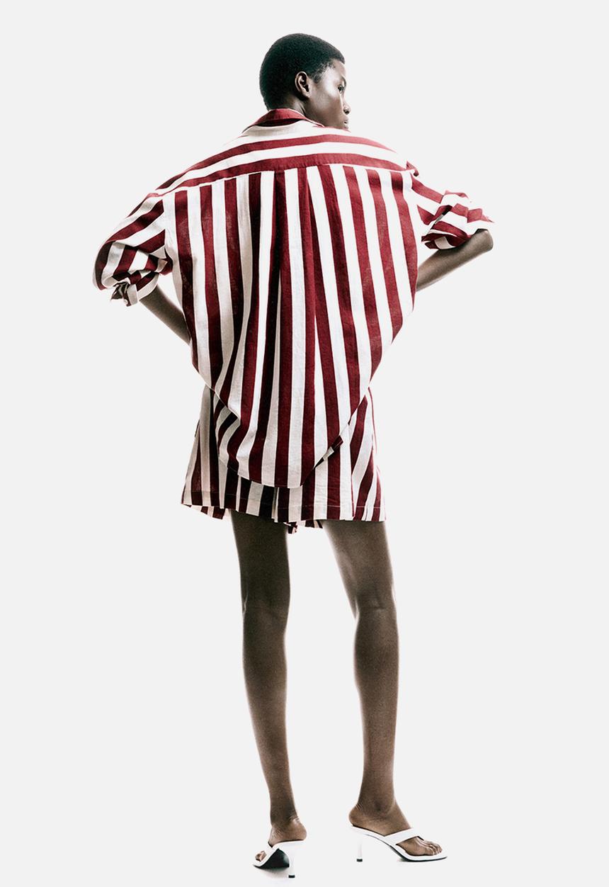 H&M - Oversized linen-blend shirt - dark red/striped